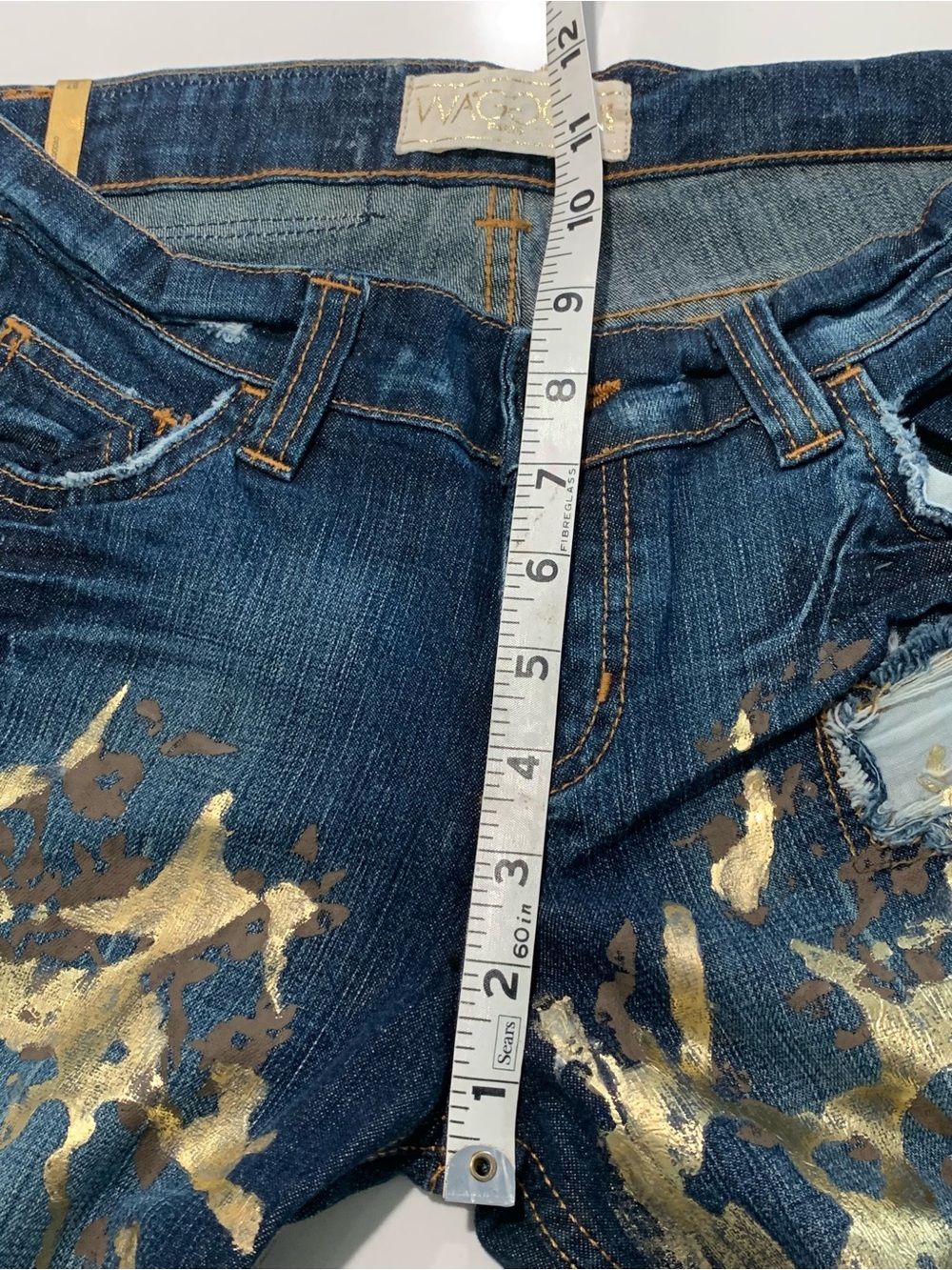 NWOT Waggon Paris Y2K Gilded Metallic Gold Paint Distressed Jeans, VTG Grunge 28 - Picture 14 of 16